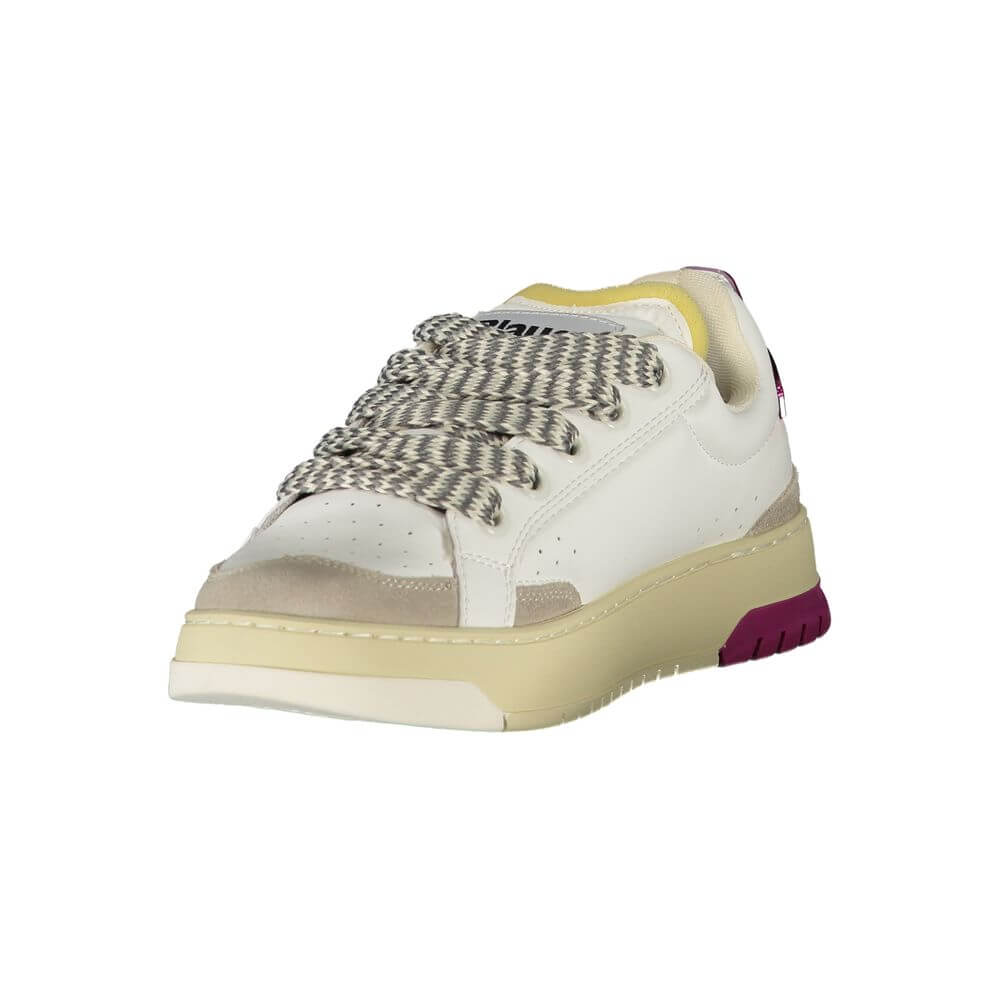 Blauer White Leather Women Sneaker with grey and fuchsia contrast, featuring removable insole and bold Blauer logo on white leather.