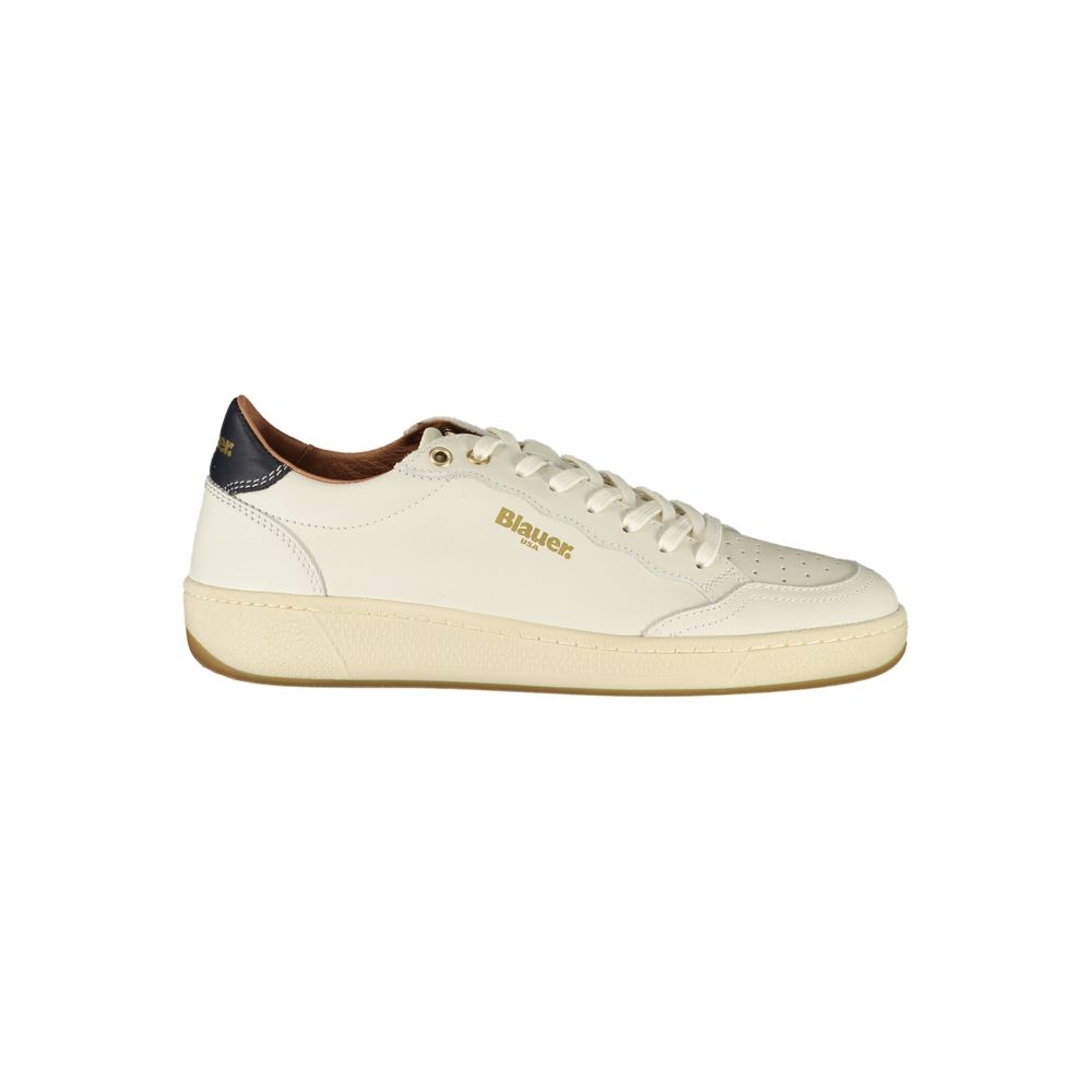 Blauer White Leather Women Sneaker with black accents and luxury logo, showcasing refined athletic style and removable footbed for comfort.