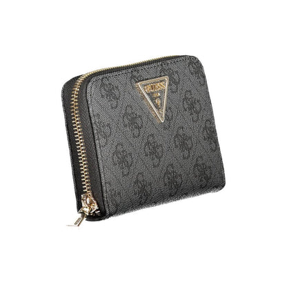 Guess Jeans Black Polyethylene Women Wallet with gold zipper and logo, featuring dual compartments for style and functionality.