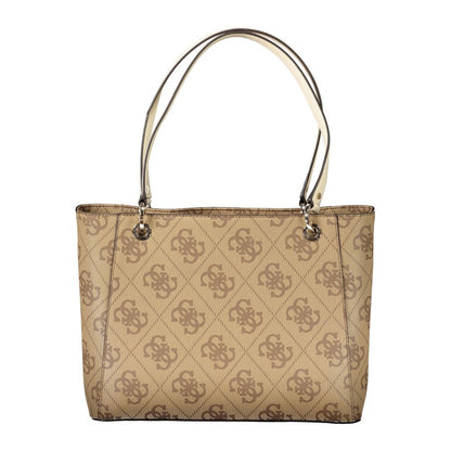 Guess Jeans Beige Polyethylene Women Handbag with logo print and dual handles, chic design for style and functionality.