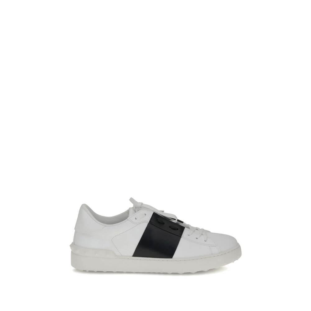 Valentino Garavani White Calf Leather Bos Taurus Low Top Sneakers with side contrasting band and heel studs, AW25 collection.
