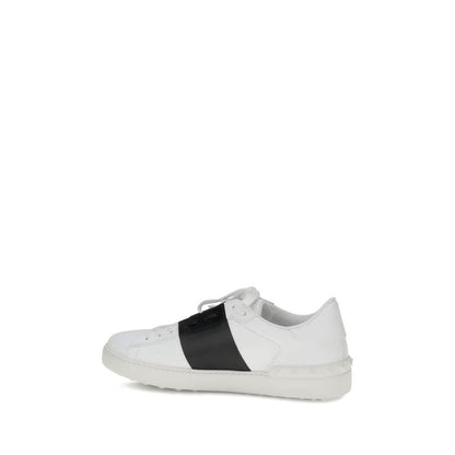 Valentino Garavani White Calf Leather Bos Taurus Low Top Sneakers with contrasting black band and flat sole for versatile wear.
