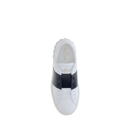 Valentino Garavani White Calf Leather Bos Taurus Low Top Sneakers with contrasting bands and studs on heel.