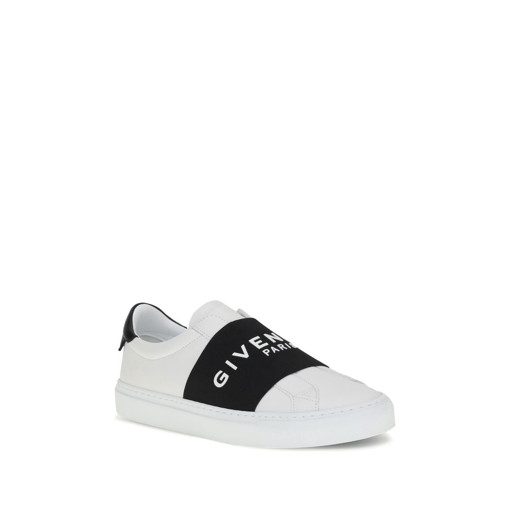 Givenchy White Calf Leather Bos Taurus Low Top Sneakers with embossed logo and black elastic band featuring Givenchy Paris lettering.