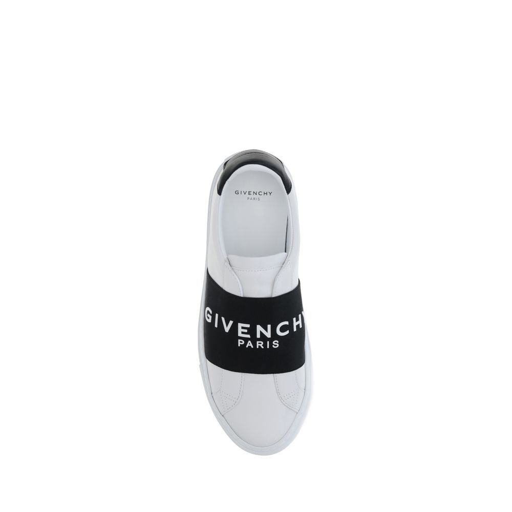 Top view of Givenchy White Calf Leather Bos Taurus Low Top Sneakers featuring black elastic band with logo.