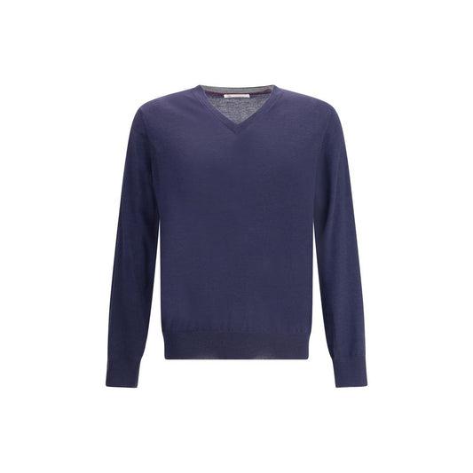 Brunello Cucinelli Blue Cashmere Sweater with ribbed V-neck, monochrome design, and sophisticated style.