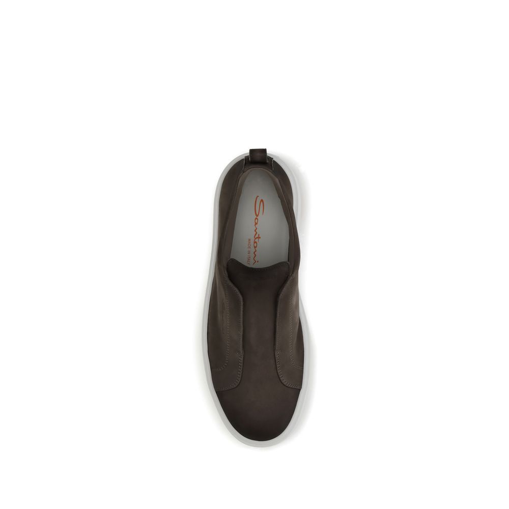 Top view of Santoni Brown Rubber Low Top Sneakers with sleek design, rounded toe, and orange logo insole.