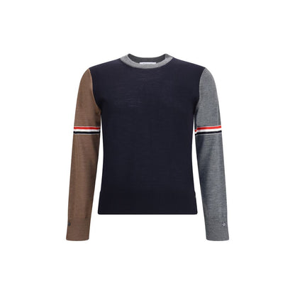 Thom Browne Multicolor Fleece Wool Sweatshirt with ribbed crew neck and iconic sleeve bands in tricolor design, made in Italy.