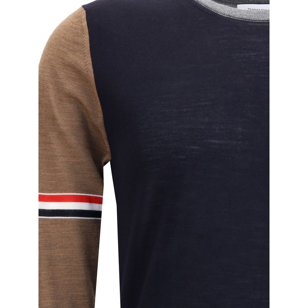Thom Browne Multicolor Fleece Wool Sweatshirt with ribbed crew neck and tricolor sleeve bands, showcasing iconic brand aesthetic.