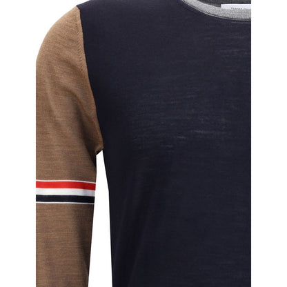Thom Browne Multicolor Fleece Wool Sweatshirt with ribbed crew neck and tricolor sleeve bands, showcasing iconic brand aesthetic.