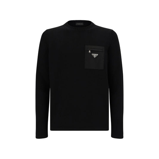Prada Black Fleece Wool Sweatshirt with triangular metal logo, ribbed neck, and zipper pocket, made in Italy, AW25 collection.