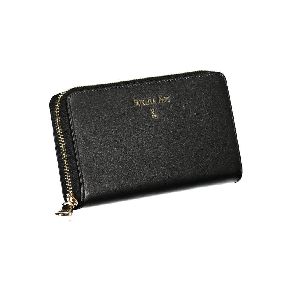 Alt Tag: Patrizia Pepe Black Leather Wallet with zip closure, 6 compartments, card spaces, and coin purse, featuring logo