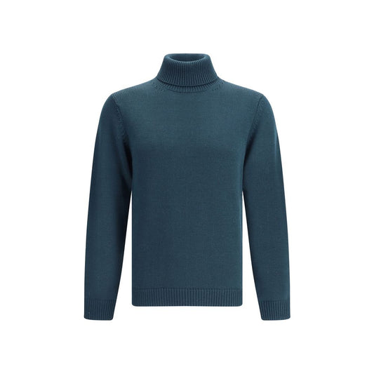 Roberto Collina Green Merino Wool Turtleneck with ribbed collar, hem, and cuffs, offering a comfortable fit and elegant aesthetics.