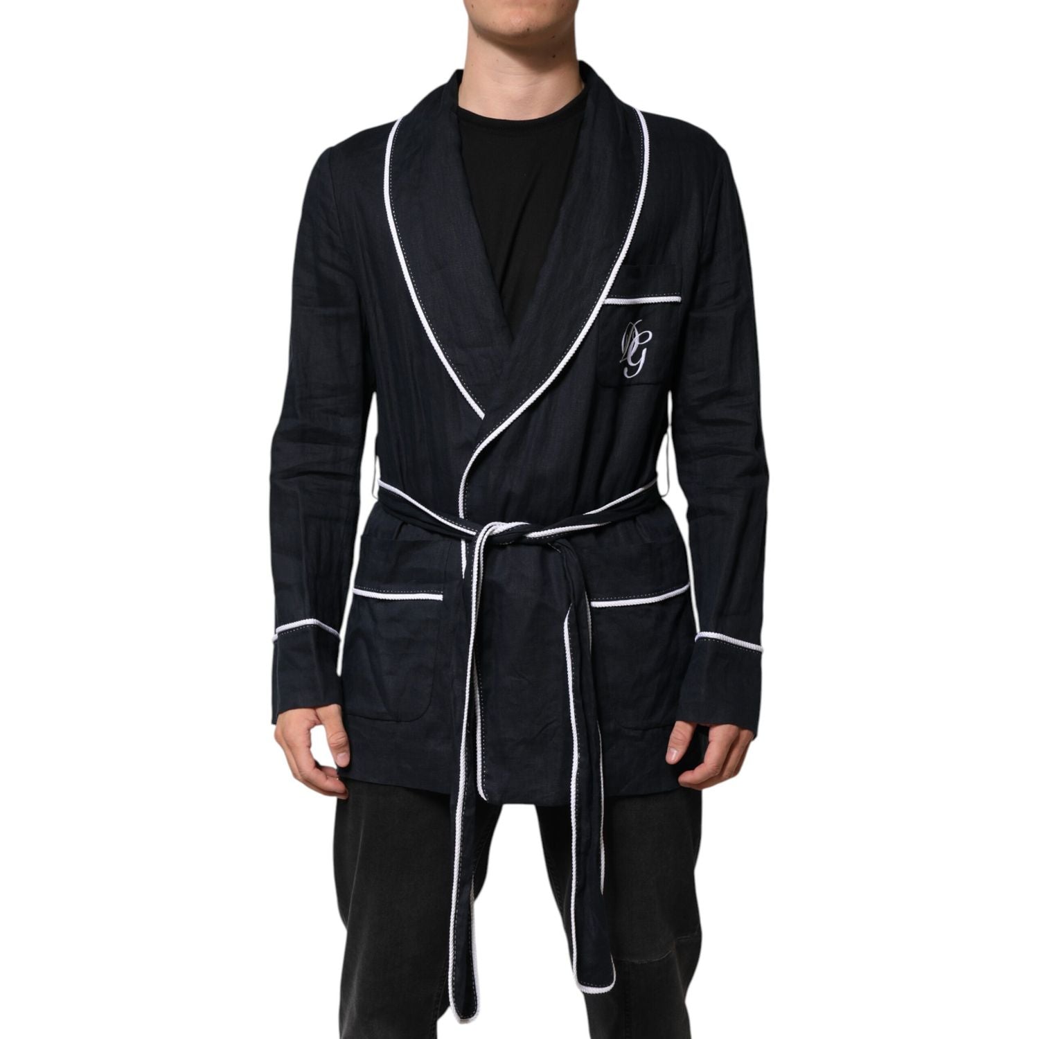 Dolce & Gabbana Dark Blue DG Embroidery Jacket Robe Blazer