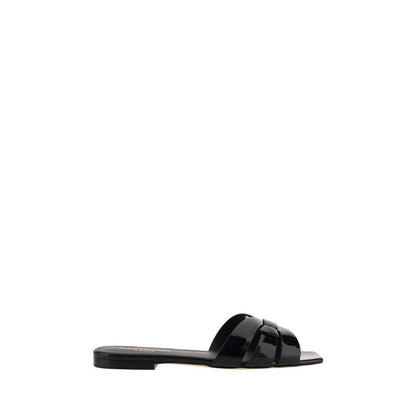 Saint Laurent Black Calf Leather Bos Taurus Flat Sandals with square toe, woven front and logoed insole, made in Italy.