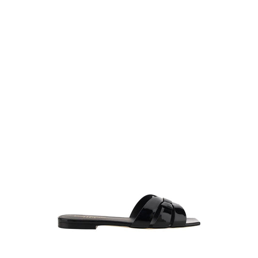 Saint Laurent Black Calf Leather Bos Taurus Flat Sandals with square toe and woven front design, made in Italy, AW25 collection.