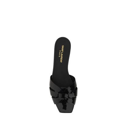 Saint Laurent Black Calf Leather Bos Taurus Flat Sandals with square toe and woven design, logoed insole, made in Italy.