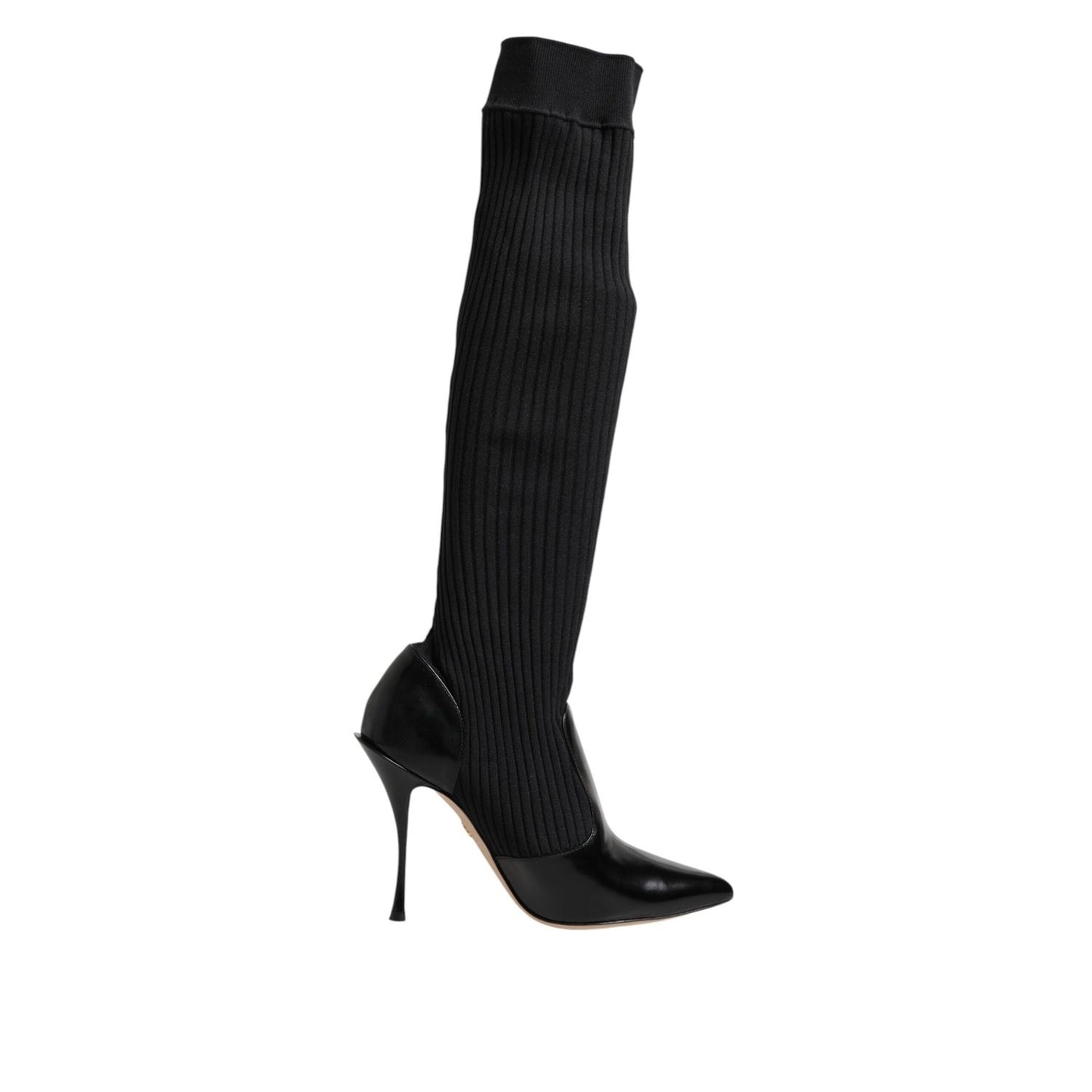 Dolce & Gabbana Black Leather Ribbed Knit Knee Boots Shoes