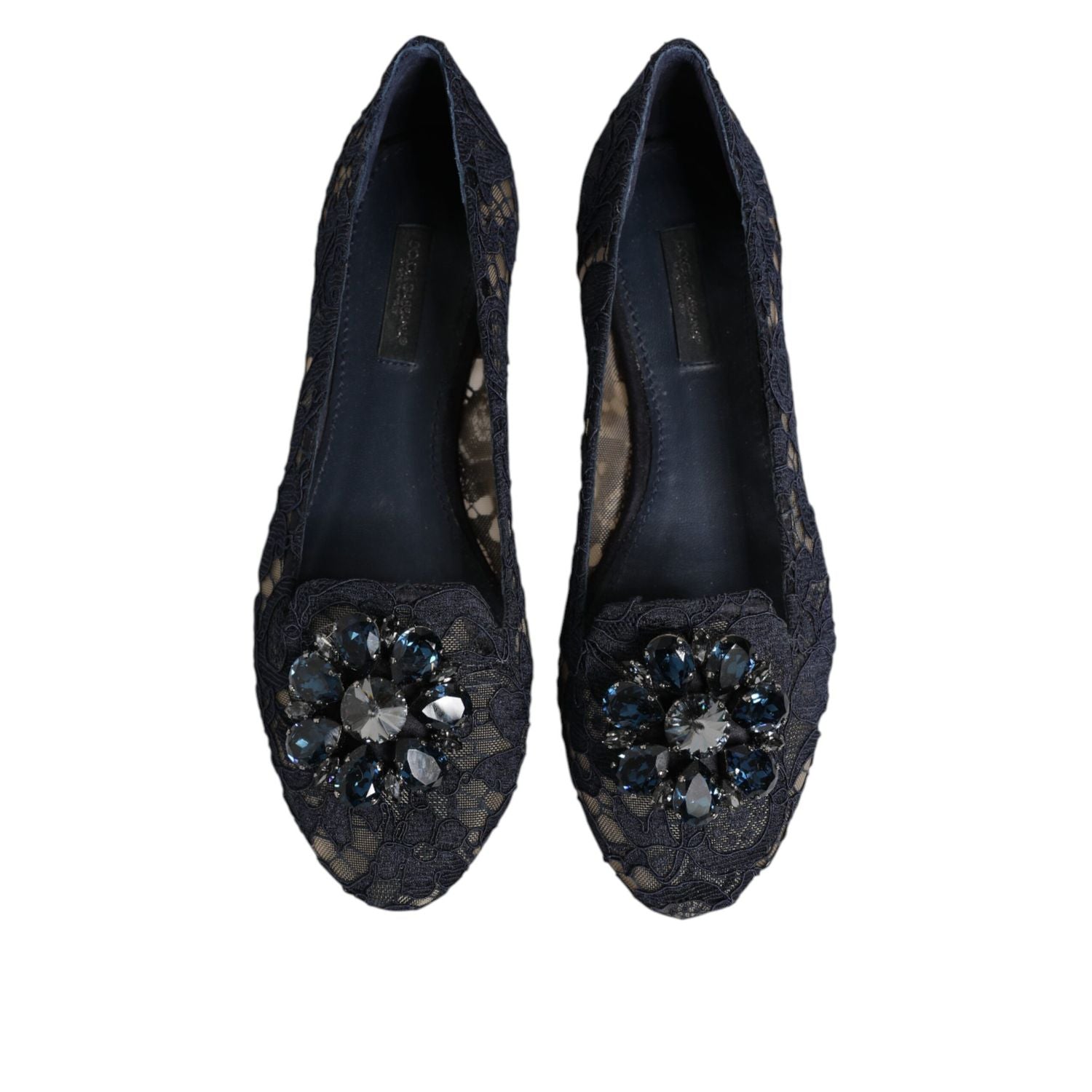 Dolce & Gabbana Blue Taormina Lace Crystals Flats Shoes