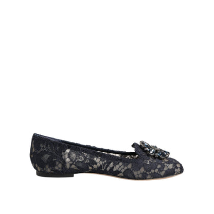 Dolce & Gabbana Blue Taormina Lace Crystals Flats Shoes