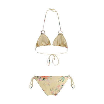 Zimmermann Yellow Polyamide Bikini with floral pattern, featuring American neckline and adjustable knot closures for a chic beach look.