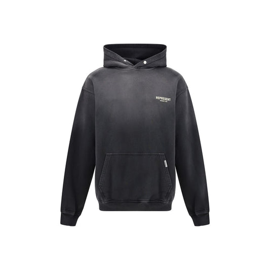 Represent Black Cotton Sweatshirt with button-down hood, ribbed cuffs, and kangaroo pocket featuring brand's monogram for streetwear style.