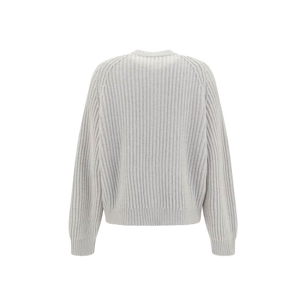Back view of Brunello Cucinelli White Cashmere Cardigan showing ribbed design and raglan sleeves for elegance and comfort.