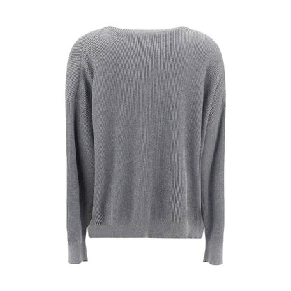 Back view of Brunello Cucinelli Gray Cotton Sweatshirt with ribbed design and luminous silver thread detailing, elegant and versatile for AW25.