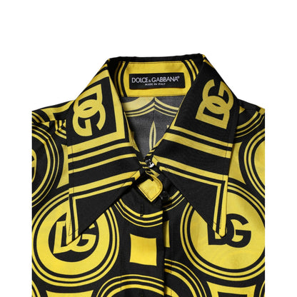Dolce & Gabbana Yellow Silk Silver DG Logo Geometric T-shirt