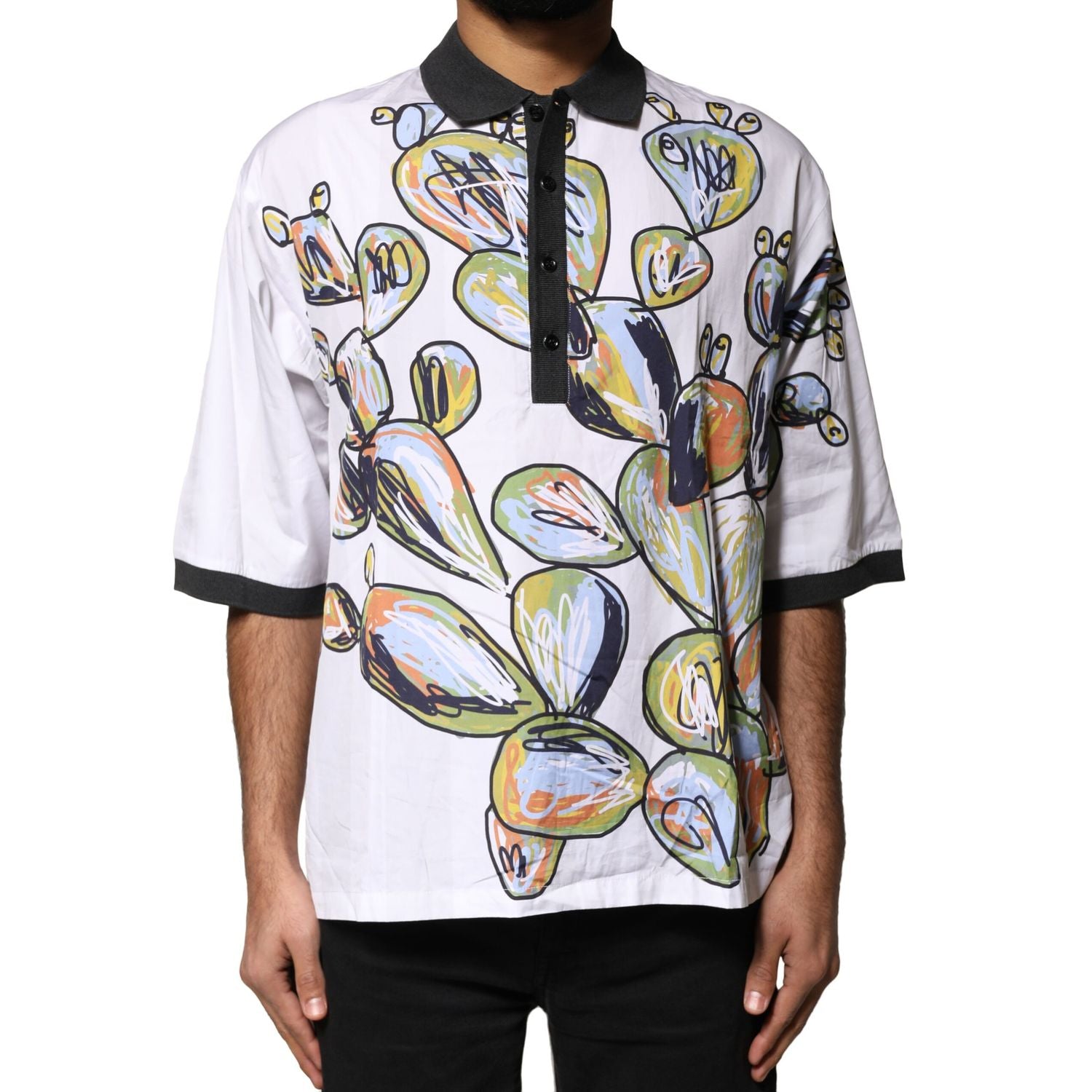 Dolce & Gabbana White Sketch Print Oversized Mens Polo T-shirt