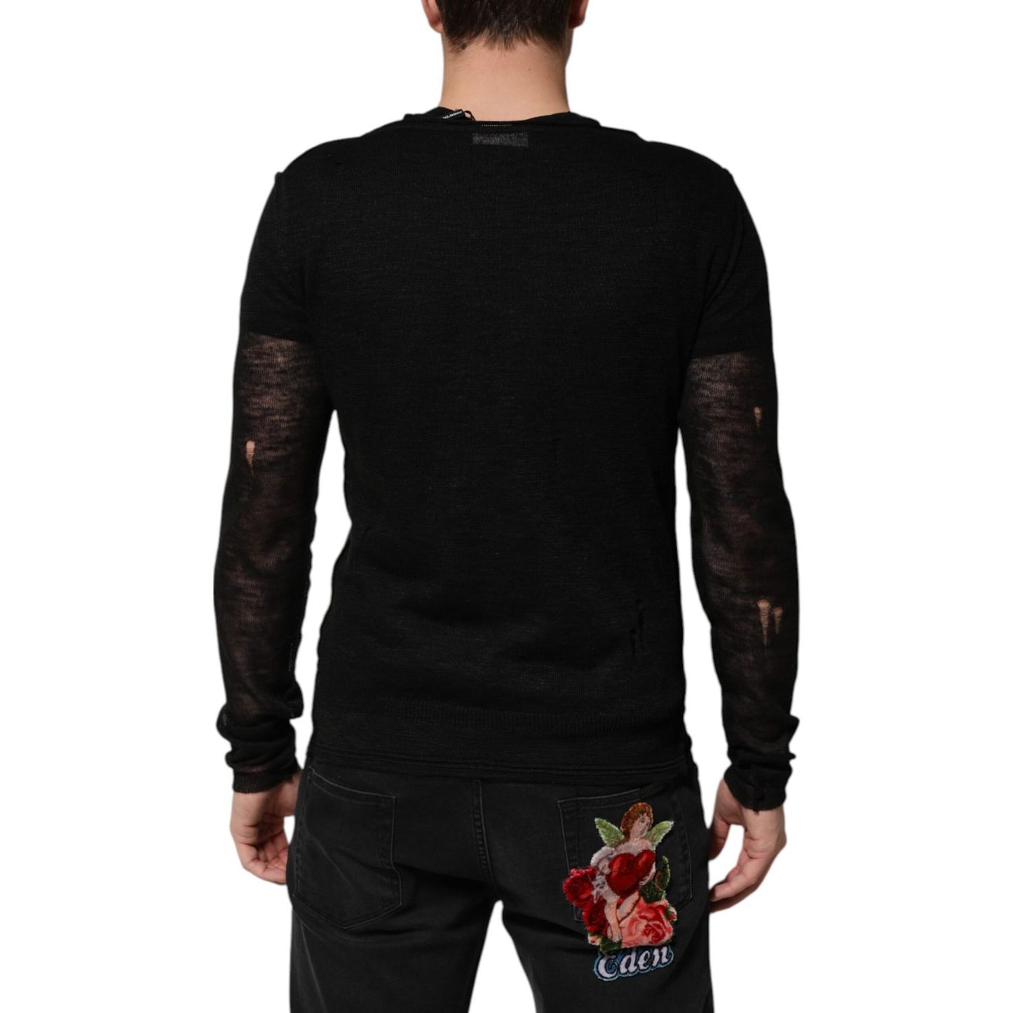 Dolce & Gabbana Black Linen Mesh Tattered Longsleeves T-shirt