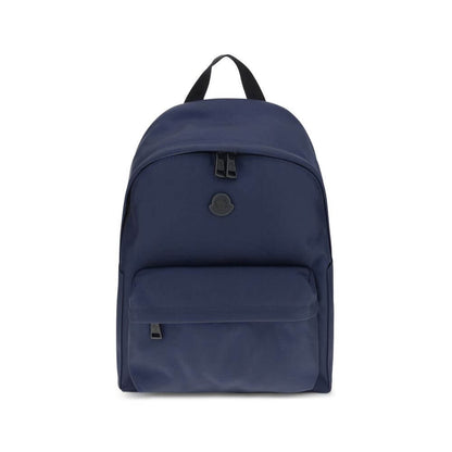 Moncler Blue Nylon Backpack with leather trim and adjustable straps, featuring water-repellent fabric and sleek design.