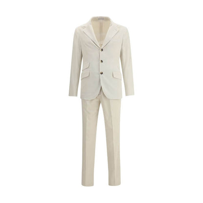 Brunello Cucinelli Cream Cotton Two-Piece Suit with blazer and trousers, elegant and sophisticated formal attire.