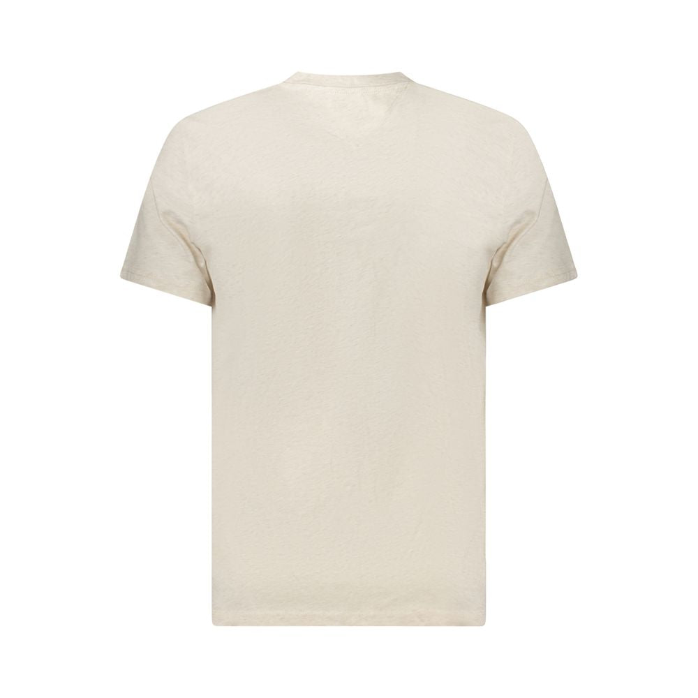 Back view of Tommy Hilfiger Beige Cotton Men T-Shirt showcasing its sustainable fabric and iconic design.