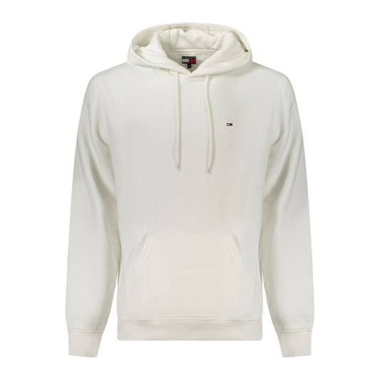 Tommy Hilfiger White Cotton Men Sweater with embroidered logo and central pocket, stylish hoodie for casual wear.