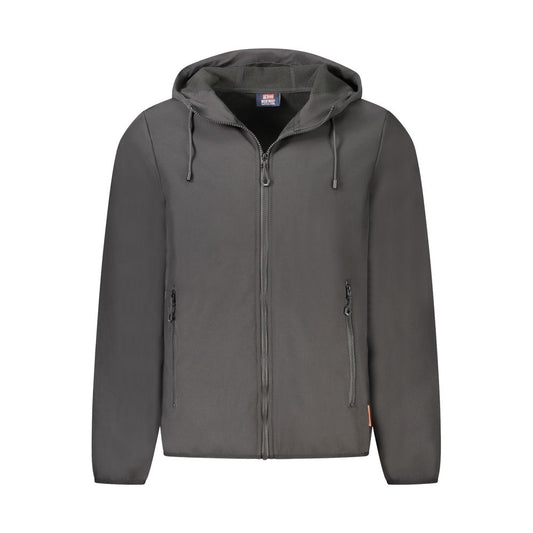 Norway 1963 Black Polyester Men's Jacket with hood and pockets, showcasing modern sophistication in sleek black design.