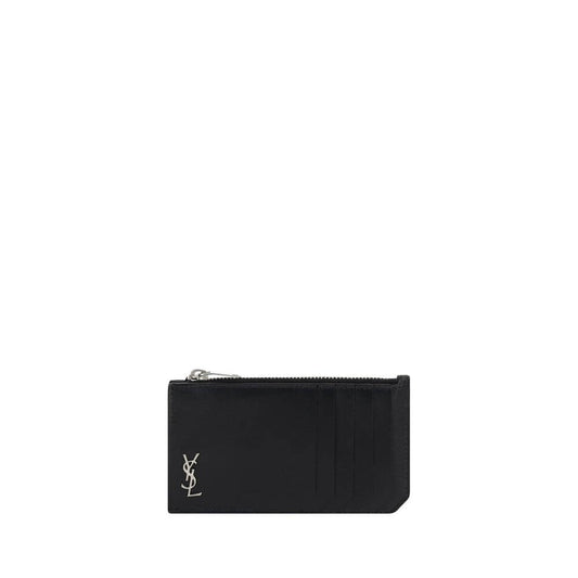 Saint Laurent Black Calf Leather Bos Taurus Wallet with YSL logo, card slot, and zipper closure, Autumn Winter 2025.