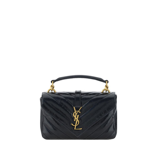 Saint Laurent Logoed Shoulder Bag in black leather with YSL logo and sliding chain strap, featuring magnetic flap and top zipper closure.