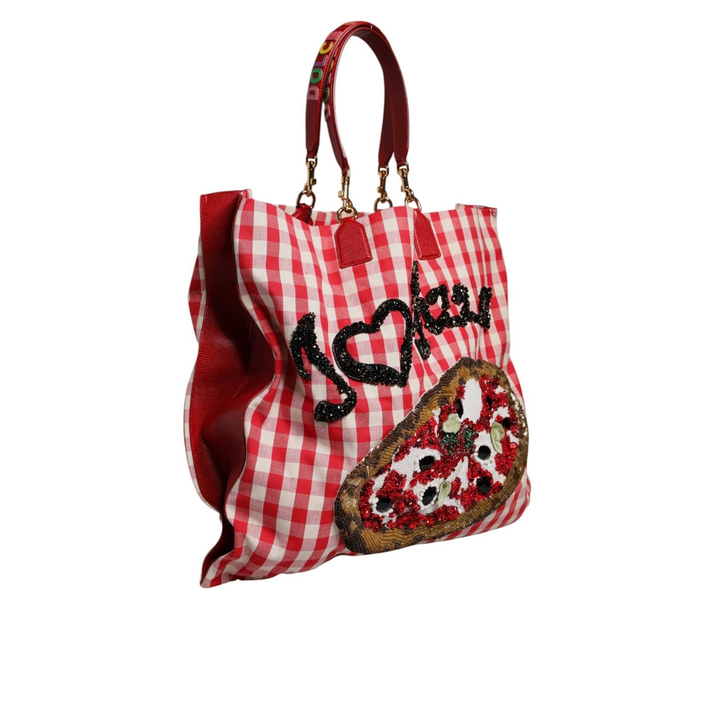 Dolce & Gabbana Red I Love Pizza Rhinestone Embellished Tote Bag
