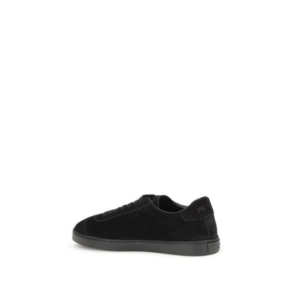 Prada Black Calf Leather Bos Taurus Low Top Sneakers, side view with suede finish and iconic logo, AW25 collection, Italian made.