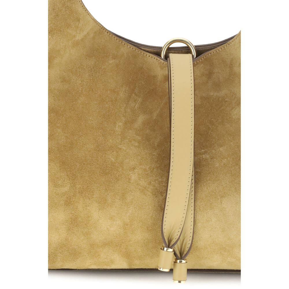 Chloé Beige Calf Leather Bos Taurus Shoulder Bag with suede texture and golden embellishment, featuring tasseled closure.