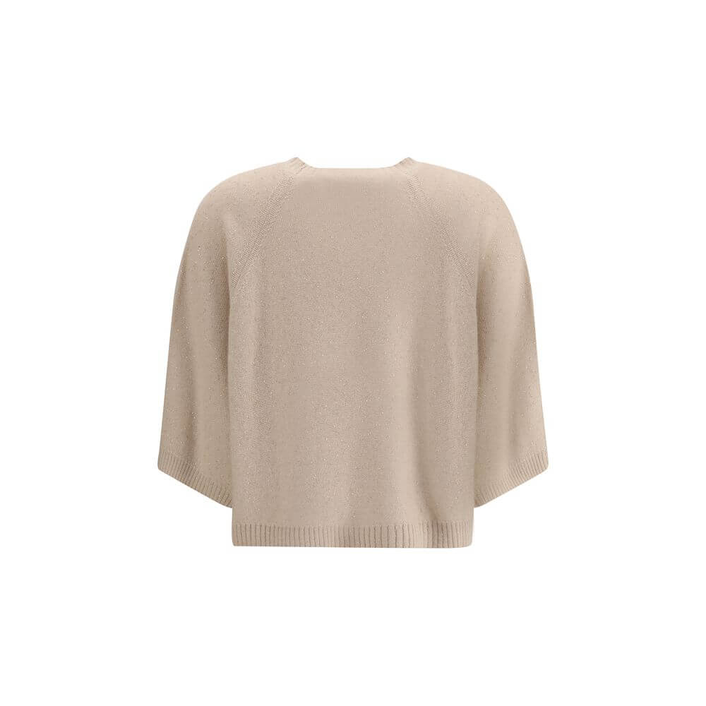 Fabiana Filippi Beige Fleece Wool Sweatshirt with ribbed crew neck and wide 3/4 sleeves, AW25 collection, made in Italy