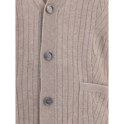 Brioni Brown Wool Cardigan featuring a ribbed design, V-neckline, front button closure, and patch pockets in Italy-made luxury fabric.