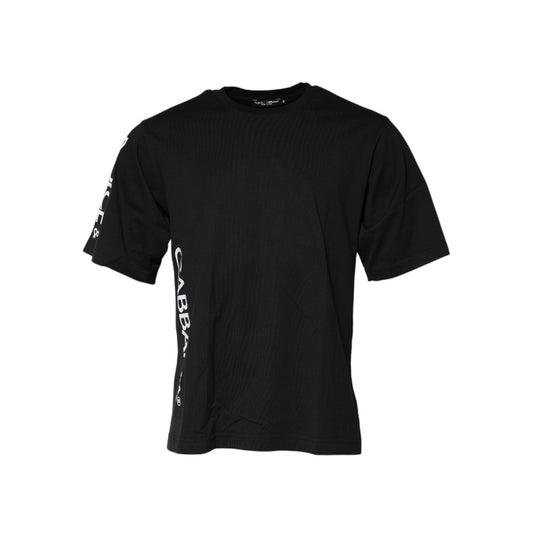 Dolce & Gabbana Black Logo Print Cotton Men Crew Neck T-shirt with short sleeves and white logo detailing, made in Italy.