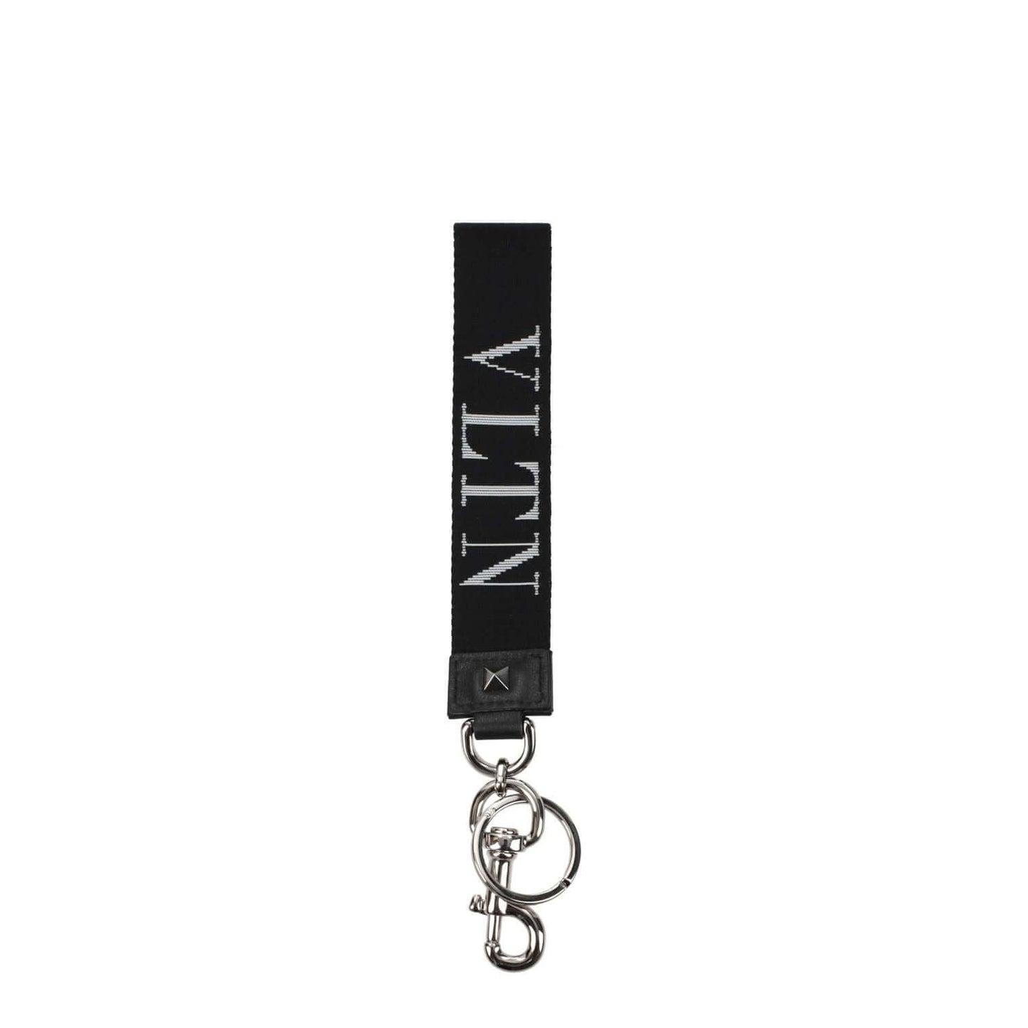 Valentino Garavani Black Fabric Keychain with silver clips closure, black leather, white logo, and stud details.