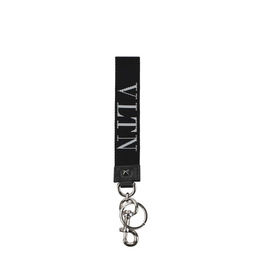 Valentino Garavani Black Fabric Keychain with silver clips closure, black leather, white logo, and stud details.