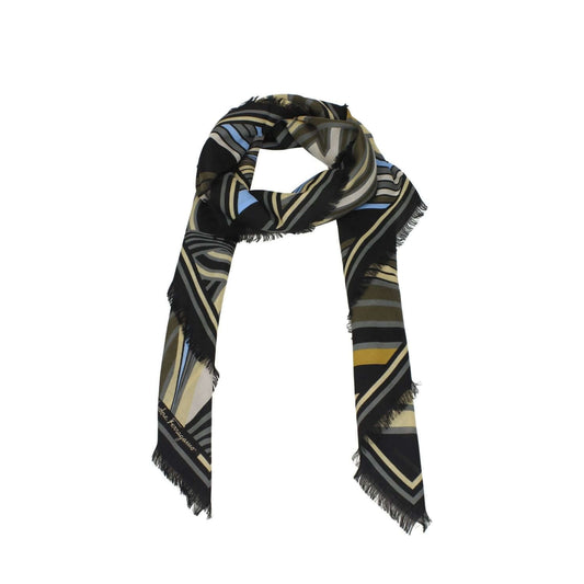 Salvatore Ferragamo Black Wool Foulard with multicolor pattern, 70×180 cm, featuring side logo, elegant and casual.