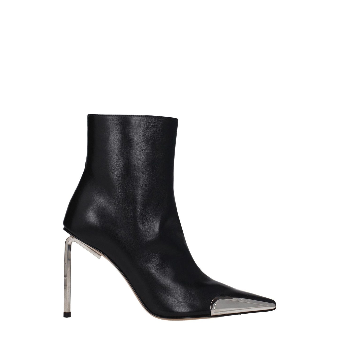 Off-White Black Leather Ankle Boots with high heel, pointy toe, and silver accents.