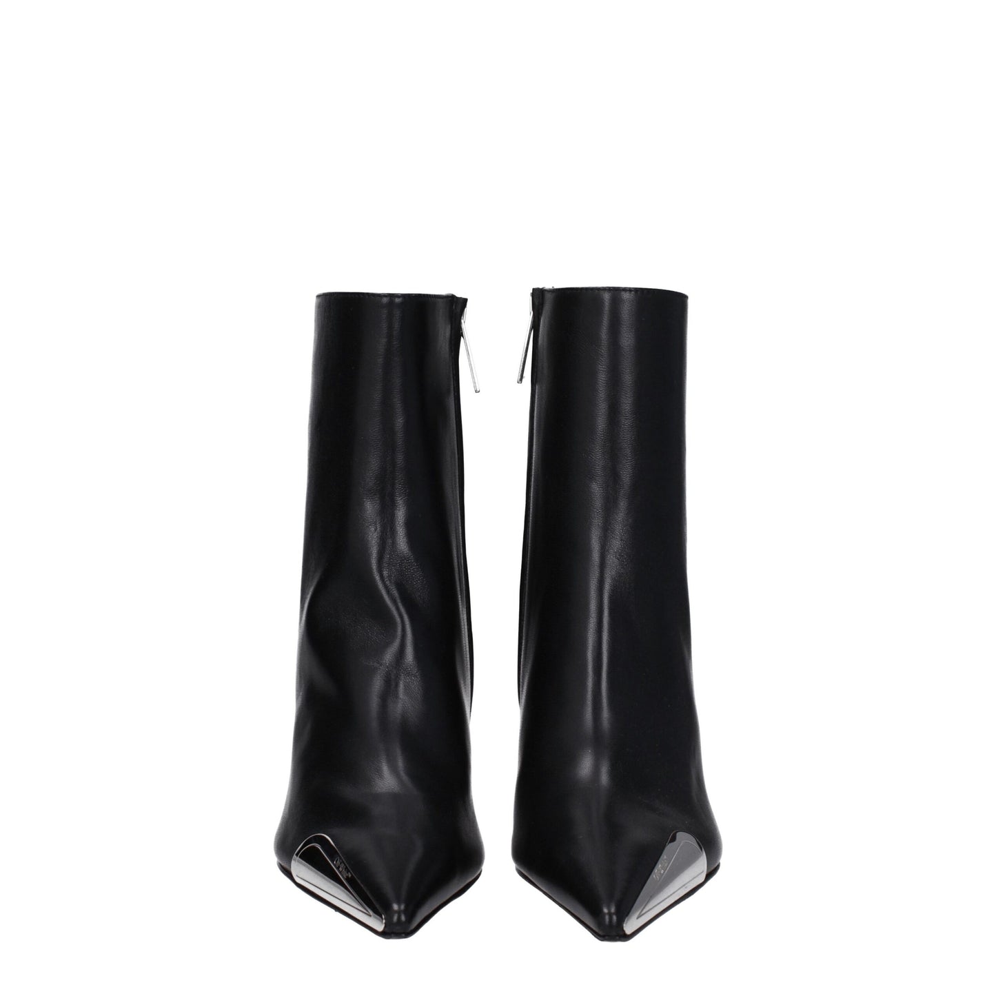 Off-White Black Leather Ankle Boots with 10 cm high heel and pointy toe, featuring side and back logos, zip closure.