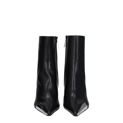 Off-White Black Leather Ankle Boots with 10 cm high heel and pointy toe, featuring side and back logos, zip closure.